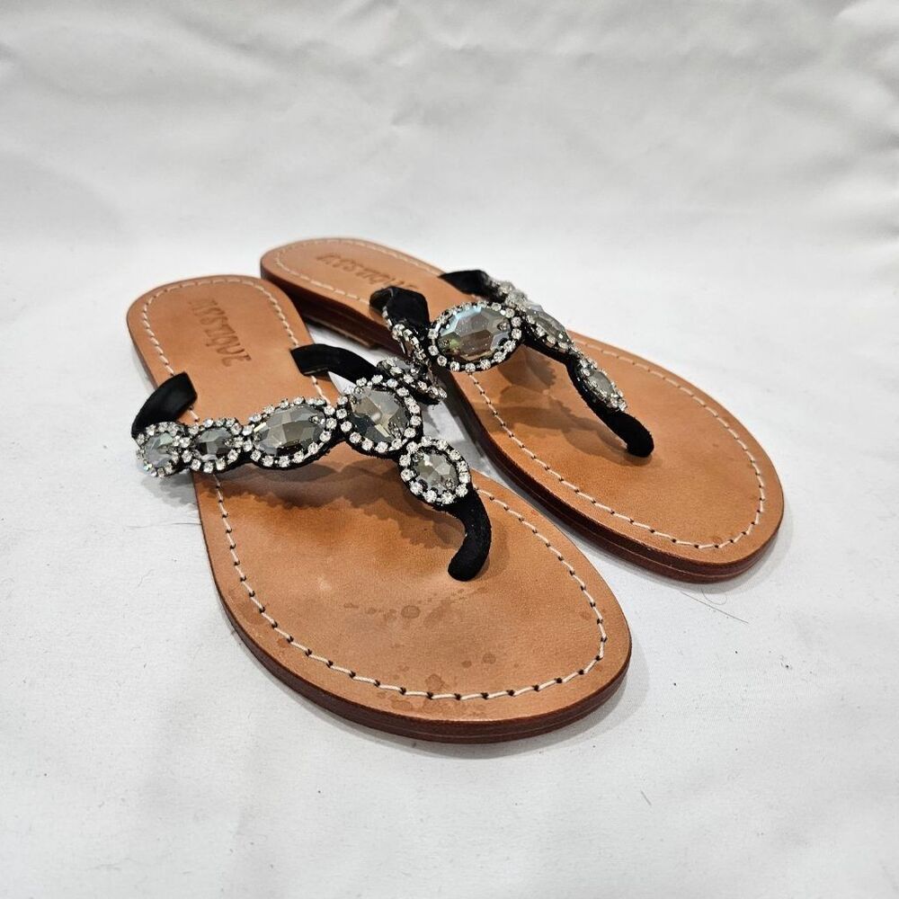 Mystique Sandals Womens 8 Black Leather Jeweled Rhinestone Thong Flip Flops